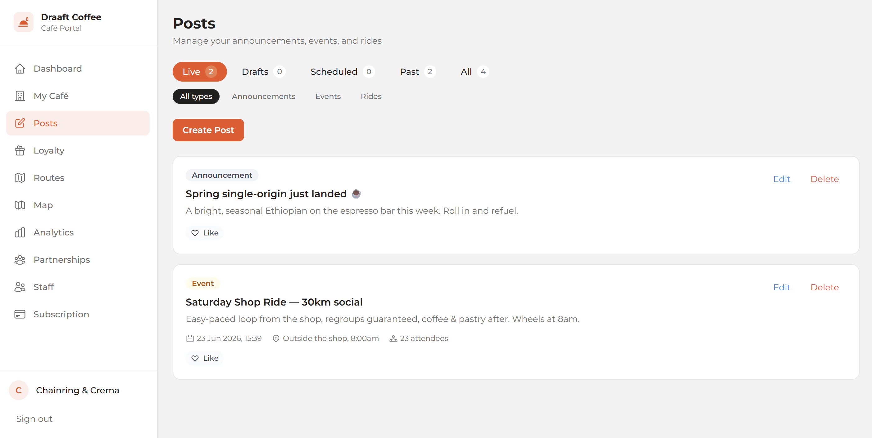 Café portal dashboard